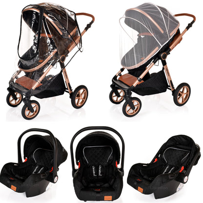 Boneelook 3-in-1 baby buggy pram stroller for newborns and toddlers, lightweight folding travel system with black and rose gold frame