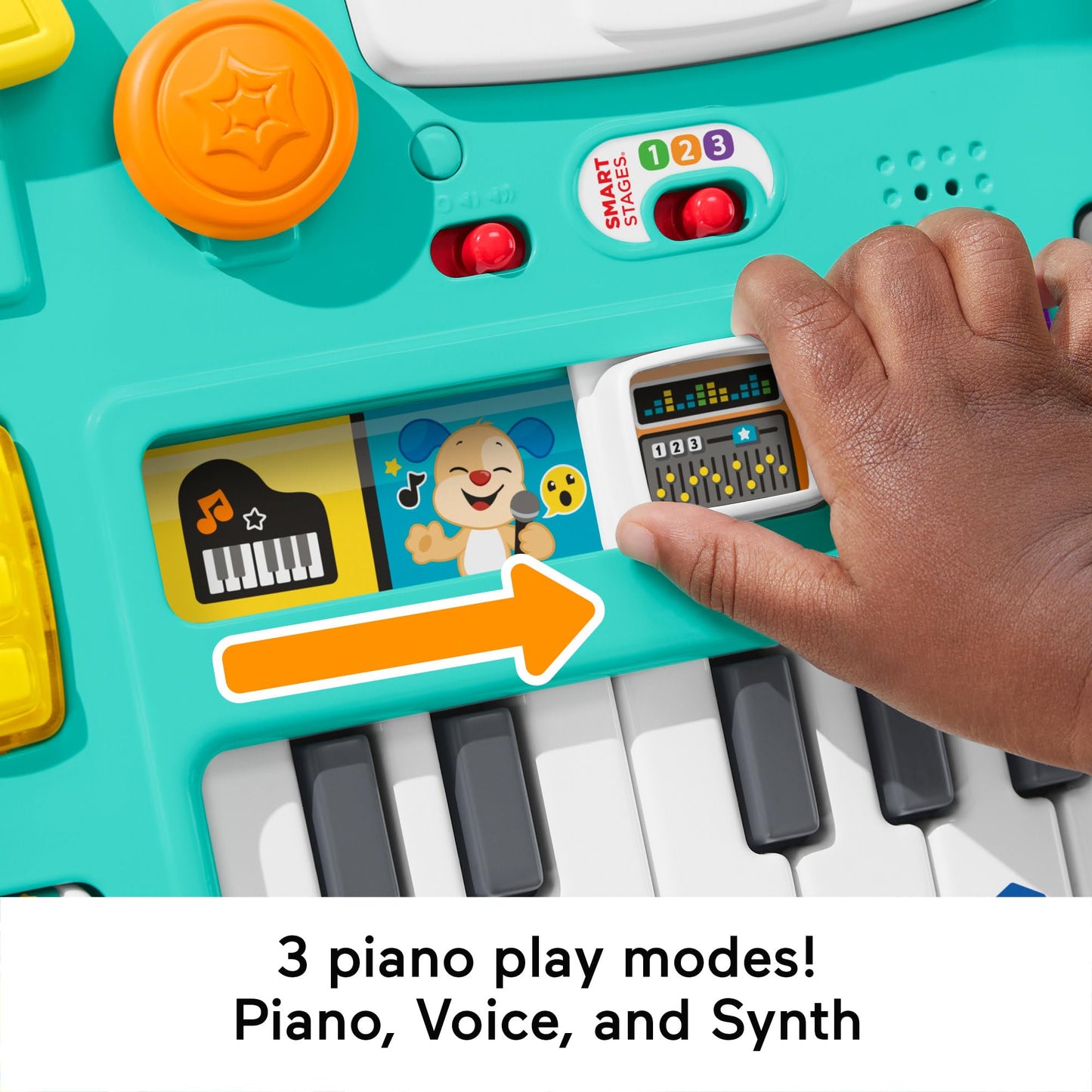 Fisher-Price Laugh & Learn Mix & Learn DJ Table for babies and toddlers, showing colorful musical buttons and lights.