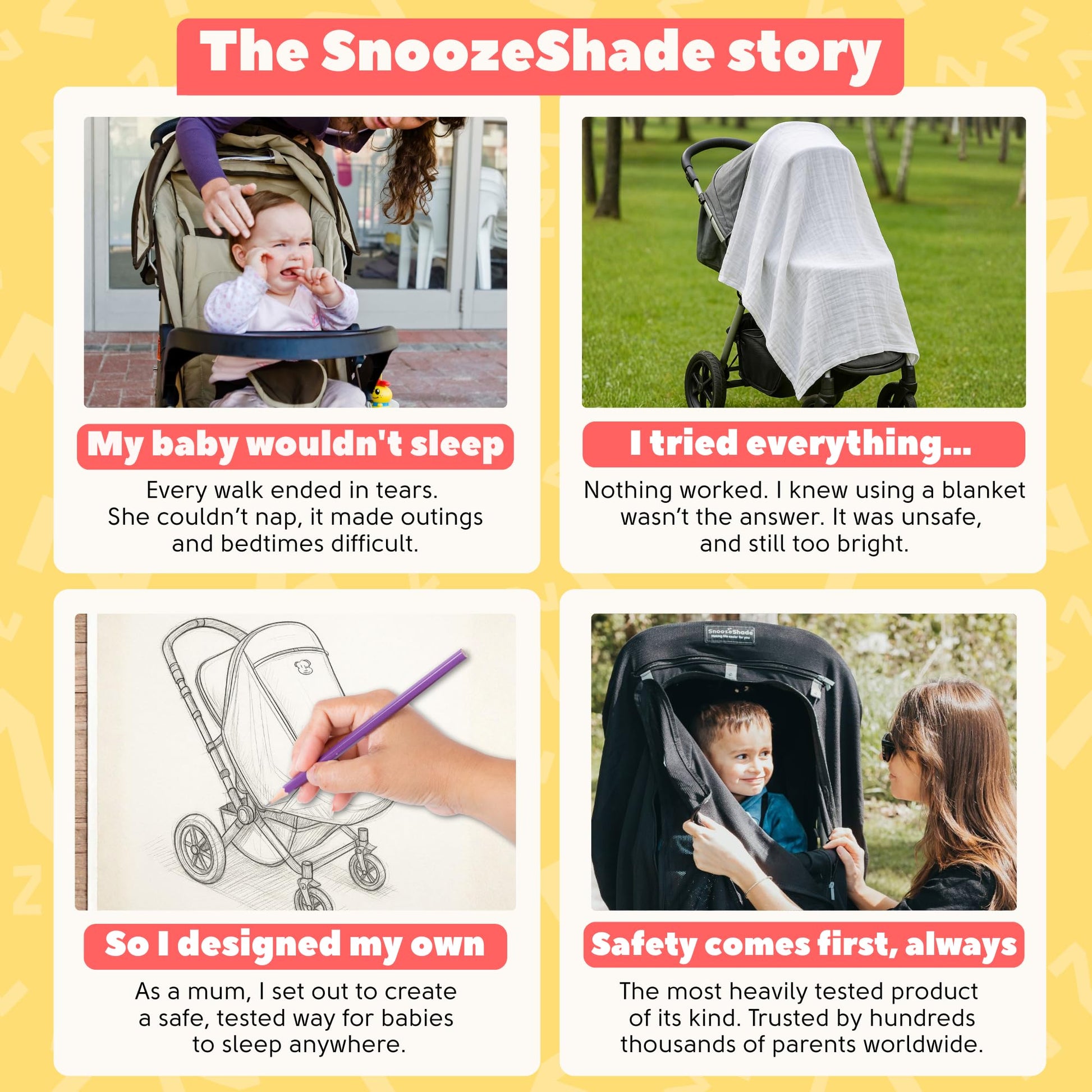 Black SnoozeShade Plus extra pram sun shade cover blocking 99% UV, breathable blackout canopy for baby strollers and buggies.