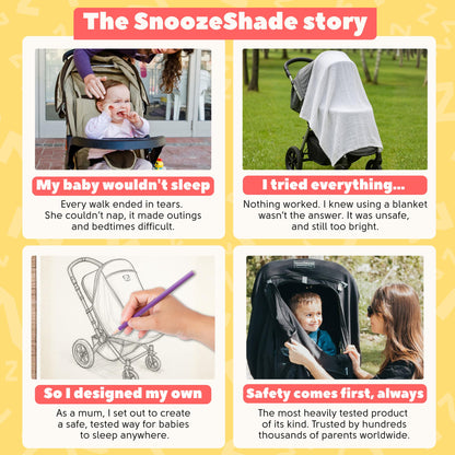 Black SnoozeShade Plus extra pram sun shade cover blocking 99% UV, breathable blackout canopy for baby strollers and buggies.