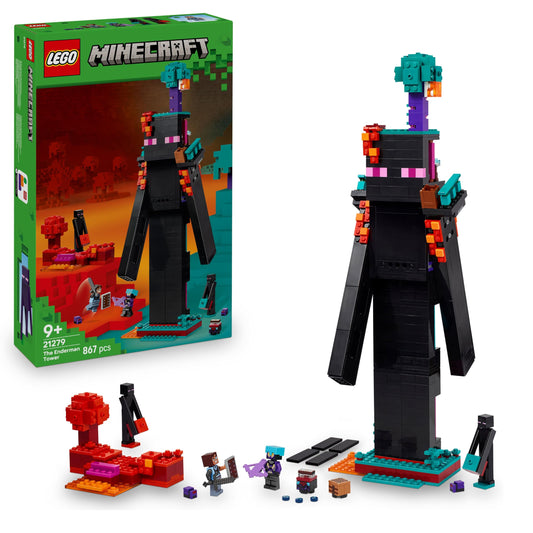 LEGO Minecraft 2in1 The Enderman Tower toy set with Enderman figures and Nether Portal, showcasing modular fortress builds.