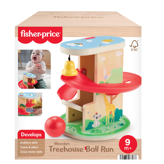 Fisher-Price wooden baby and toddler toy tree house ball run with two wooden pieces for infants from 9 months.