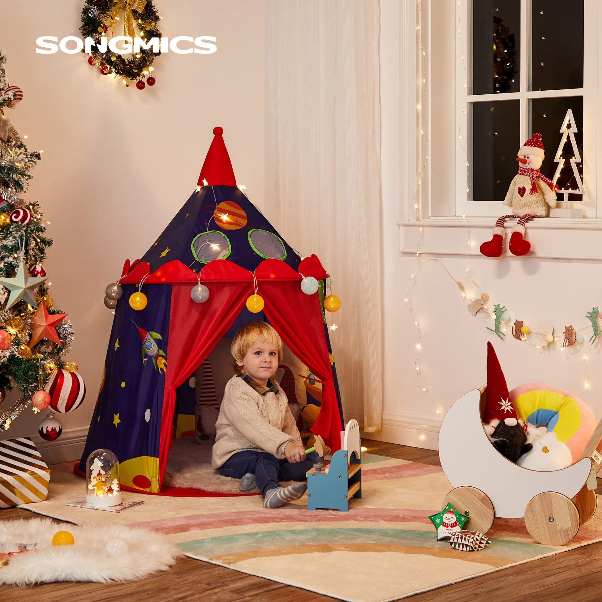 Blue SONGMICS prince castle play tent for boys, portable pop-up teepee with carry bag, indoor and outdoor toddler playhouse.