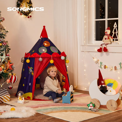 Blue SONGMICS prince castle play tent for boys, portable pop-up teepee with carry bag, indoor and outdoor toddler playhouse.