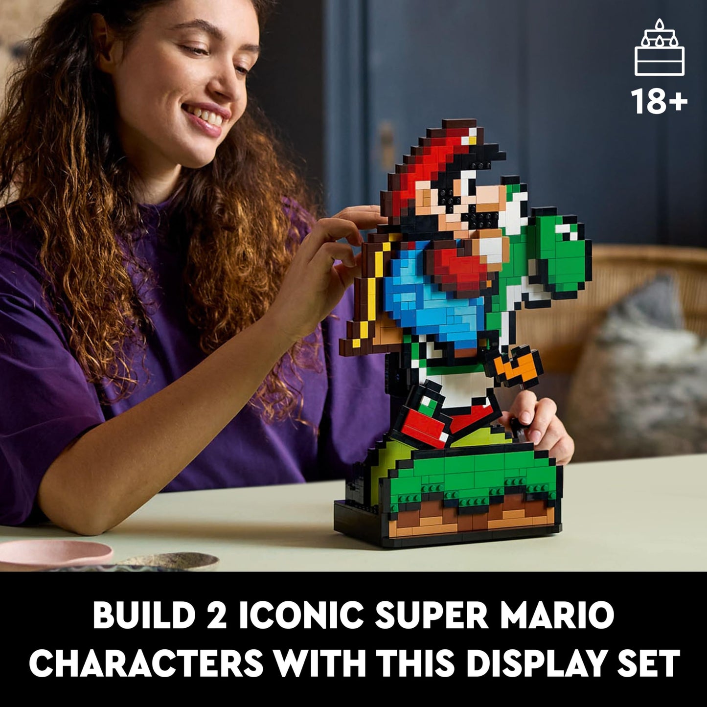 LEGO Super Mario World Mario and Yoshi building set with pixelated character figures, ideal for home decor and collectible gaming gifts