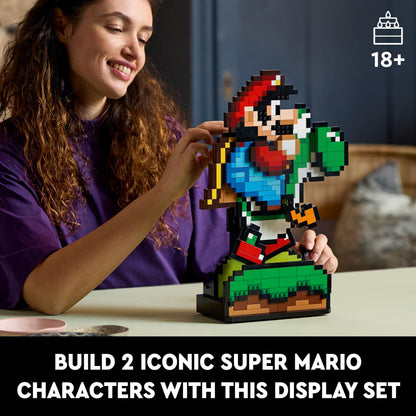 LEGO Super Mario World Mario and Yoshi building set with pixelated character figures, ideal for home decor and collectible gaming gifts