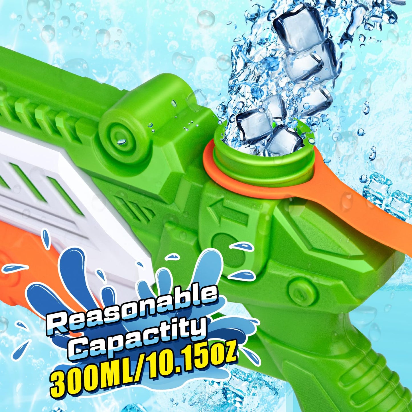 RONSTONE 4-pack water guns for kids and adults, featuring 300ml capacity and 25-30 ft range, ideal for outdoor pool and garden fun