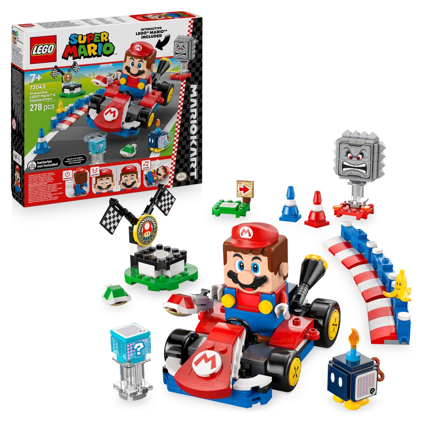 LEGO Mario Kart set with interactive Mario, standard kart, race course, figures, podium, barriers, ideal for kids 7 and up