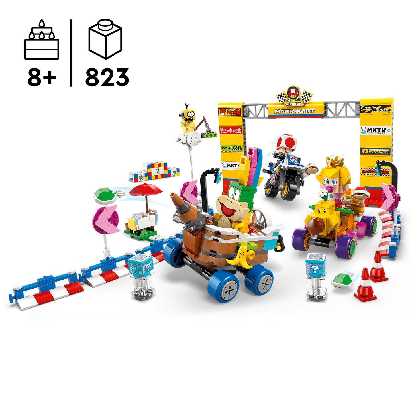 LEGO Super Mario Baby Peach & Grand Prix building set with Mario Kart characters, vehicles, and figures for kids and gamers.