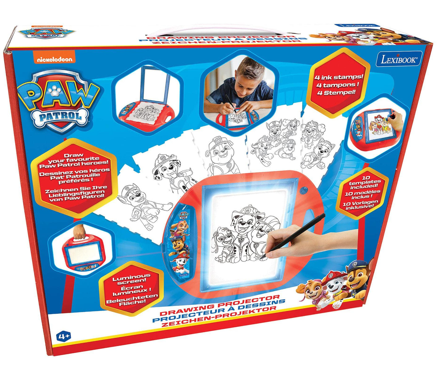 LEXIBOOK, Paw Patrol, Drawing Projector, 4 tampons, 10 templates, lighting screen, 1 pen included, artistic and creative toy for girls and boys, Red/Blue, CR310PA