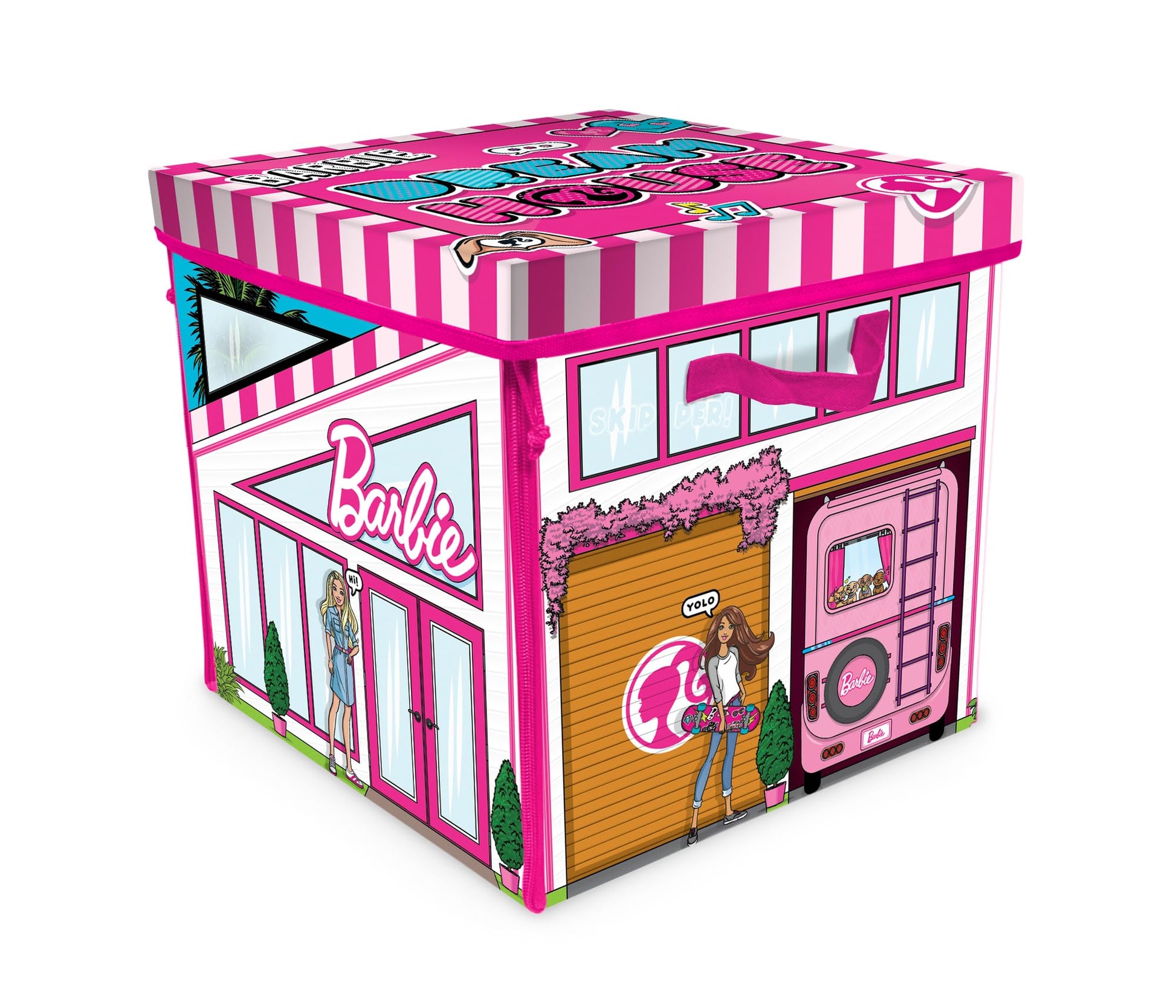 Barbie Dreamhouse ZipBin storage with playmat for 40 dolls, featuring vibrant colors and a fun design for imaginative play.