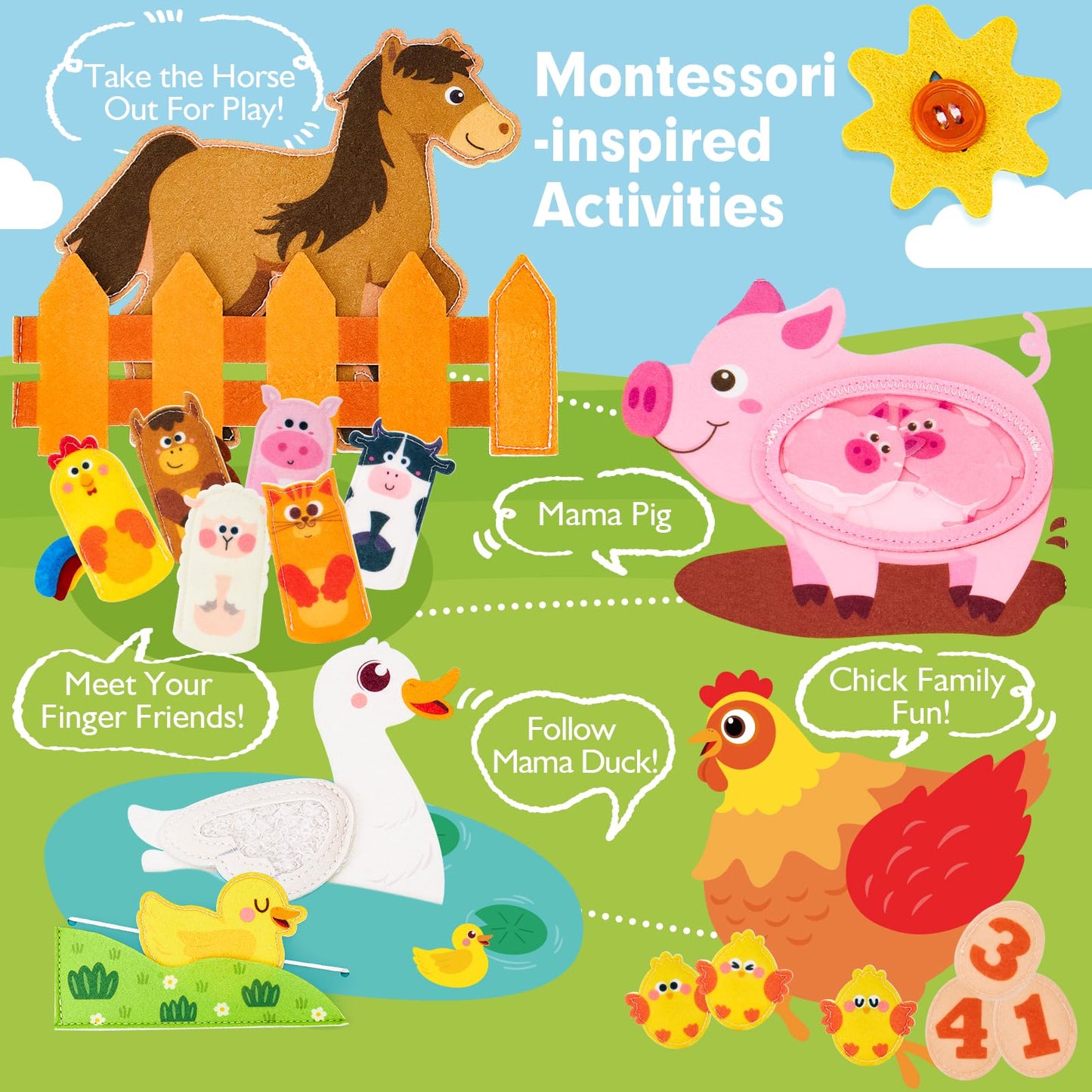 hahaland Montessori Busy Book for 1+ Year Old – 15-in-1 Interactive Sensory Busy Board, Educational Felt Toddler Quiet Toy & Travel Activity, Farm-Themed Baby Toy for 18M+ Girls Boys Airplane