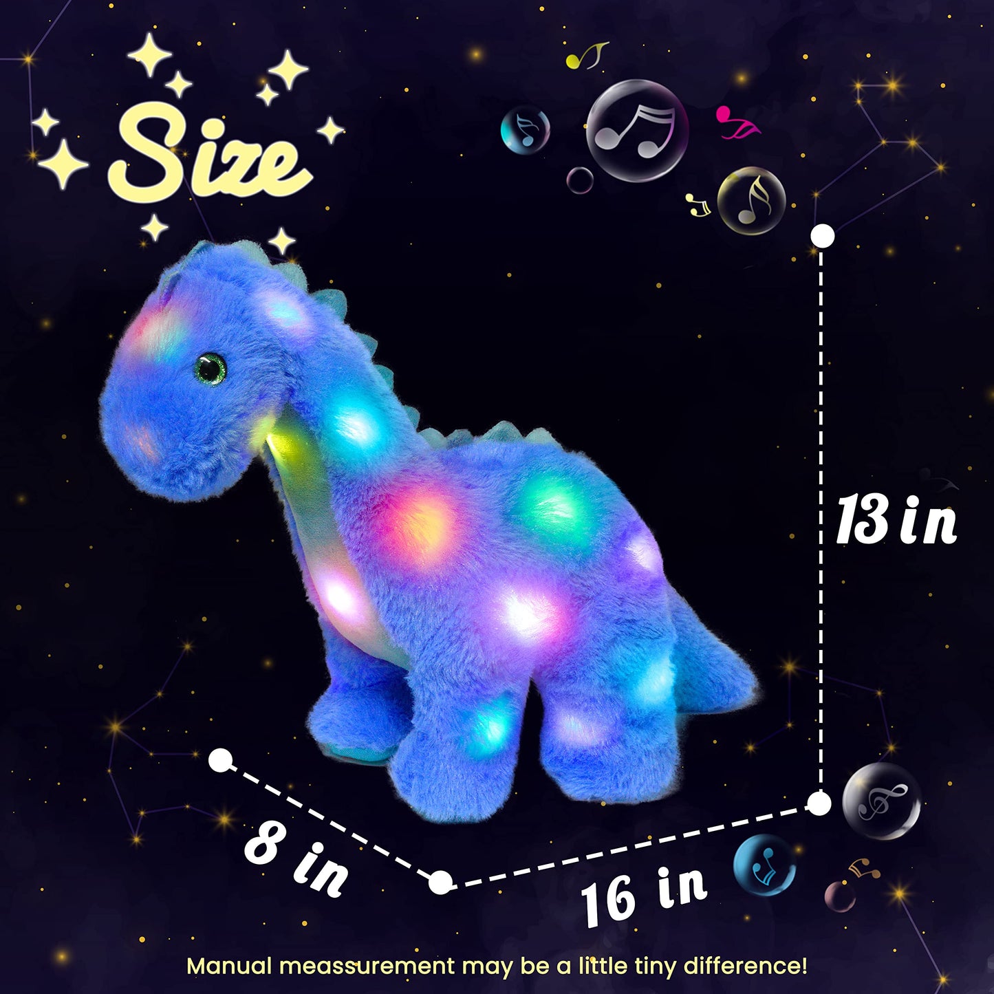 Hopearl LED Musical Stuffed Dinosaur Light up Singing Diplodocus Soft Plush Toy with Long Neck Adjustable Volume Lullaby Animated Soothe Gifts for Kids Toddlers, Blue, 16''