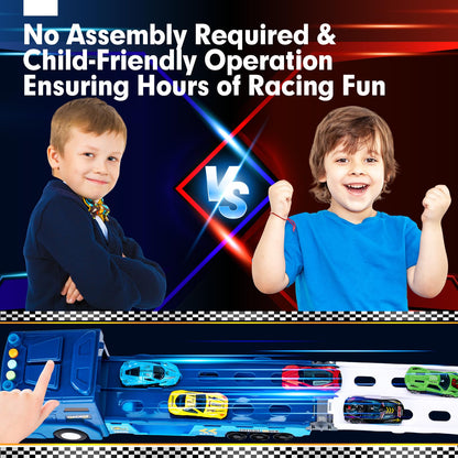 hahaland Puzzle Racer Toy Truck for 3 Year Olds – 2 in 1 Car Carrier Transforms into 114cm Race Track with Dual Launcher! 6 Mini Cars & Accessories – Top 3-10 Year Old Boy Toys & Gifts