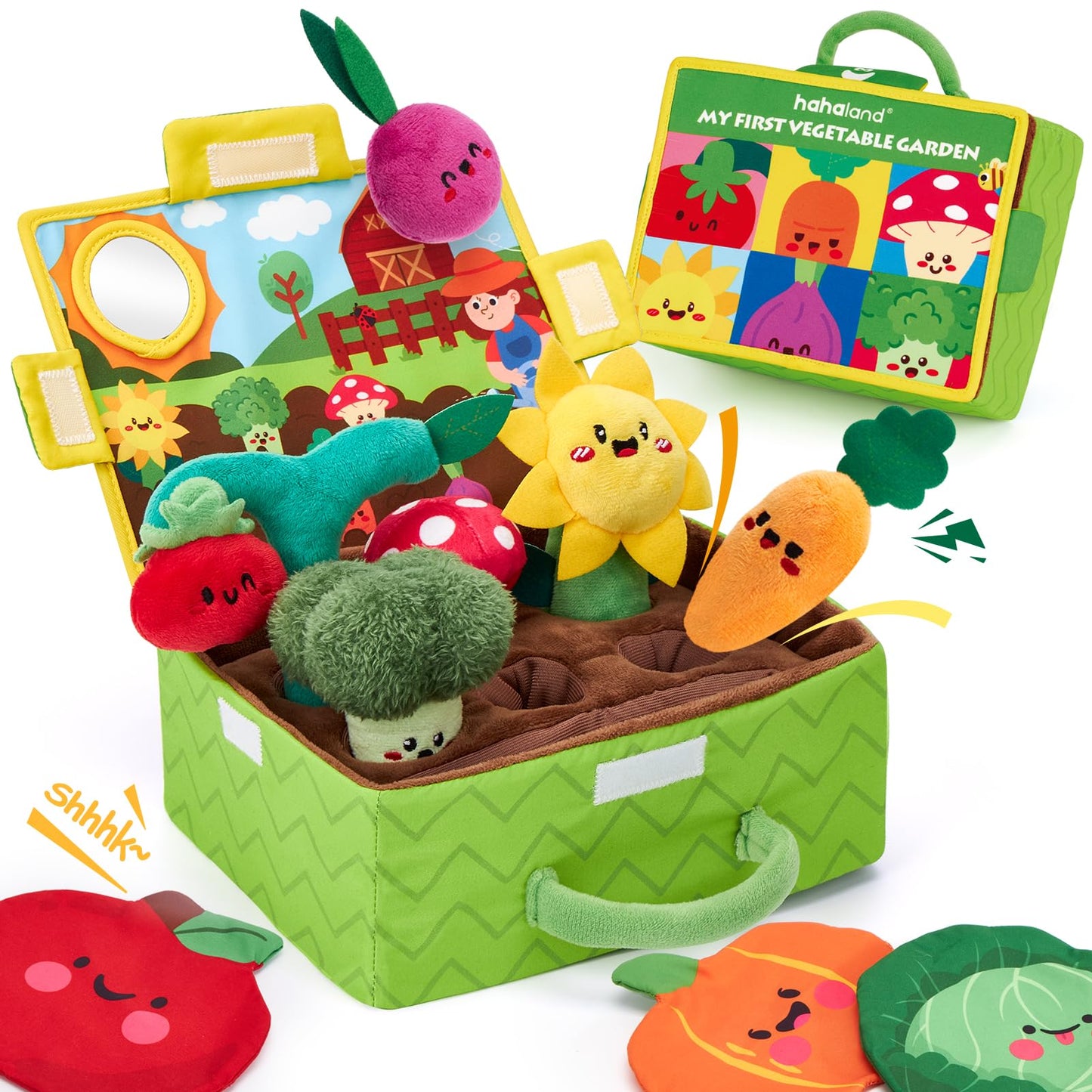 Montessori sensory plush garden toy by hahaland with fruits, vegetables, rattles, mirror, and crinkle textures for babies.