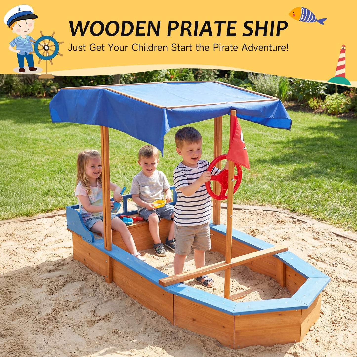 Warmiehomy Sand Pit With Lid For Toddlers Age 3-10 Wooden Kids, Pirate Ship Sand Boat With Canopy Liner Flag, Shell SandPit Outdoor Kids For Garden Backyard Creative Fun Gift For 3+ Years