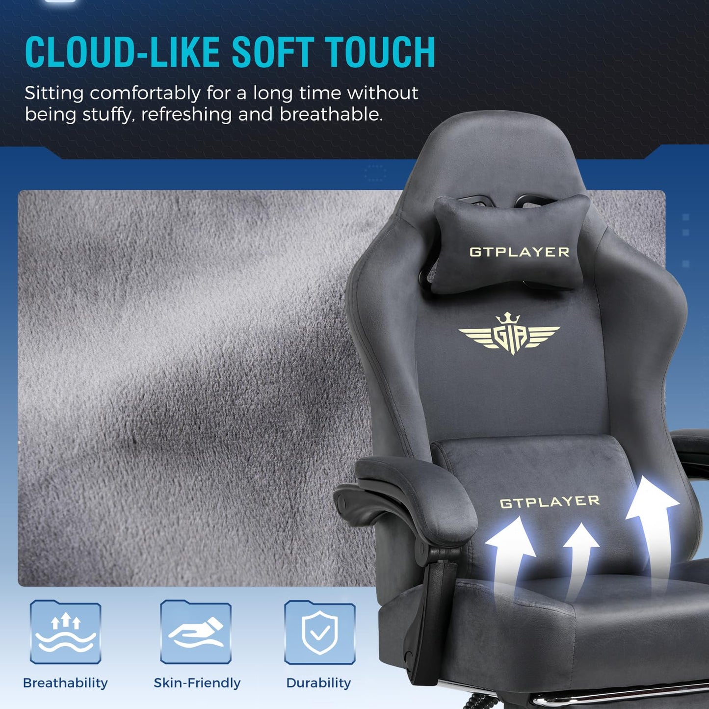 GTPLAYER fabric gaming chair with ergonomic design, adjustable headrest, lumbar support, footrest, and 360° swivel for home office use.