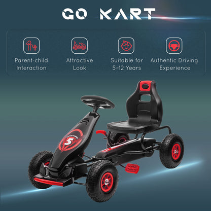 HOMCOM Children Pedal Go Kart, Raving Go Kart with Adjustable Seat, Inflatable Tyres, Shock Aborb, Handbrake, for Ages 5-12 Years - Red