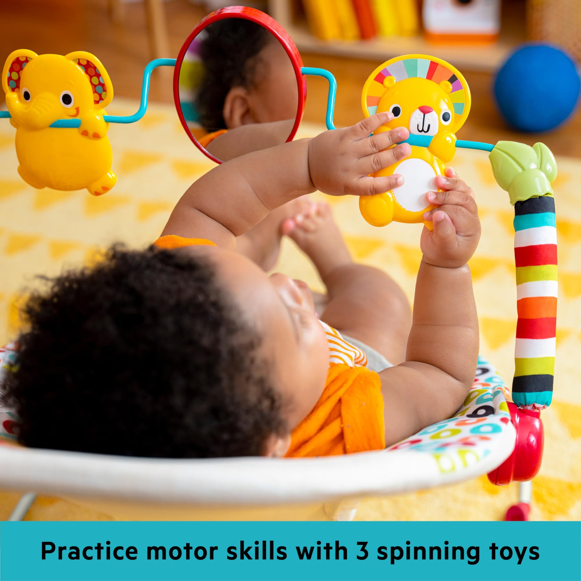 Bright Starts Playful Pinwheels Bouncer with colorful fabric and adjustable straps, designed for infants and toddlers.