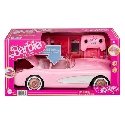 Barbie Corvette remote control car with open trunk, designed to hold 2 dolls, featuring vibrant colors and stylish design.