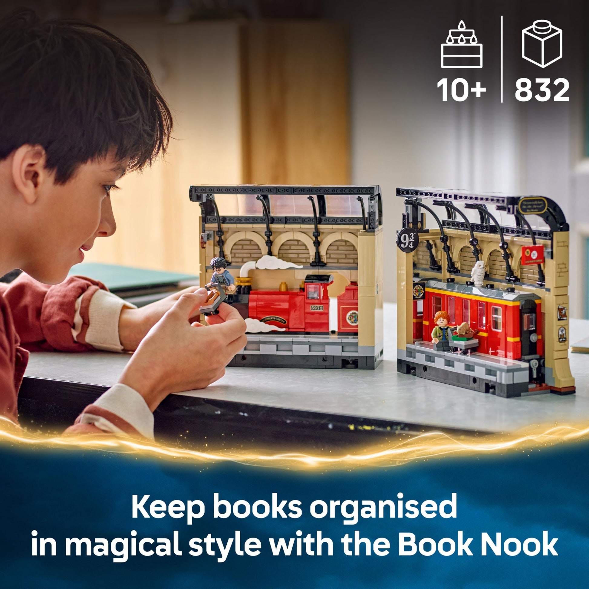 LEGO Harry Potter Book Nook set featuring the Hogwarts Express train, Ron Weasley minifigure, and Hedwig figure.
