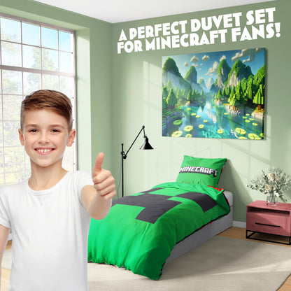 Get Trend Minecraft Single Duvet Cover Set Kids & Teens, Reversible Bedding & Pillowcase for Boys & Girls, Bedroom Accessories, Anime Gifts for Boys (Green Minecraft, Single)