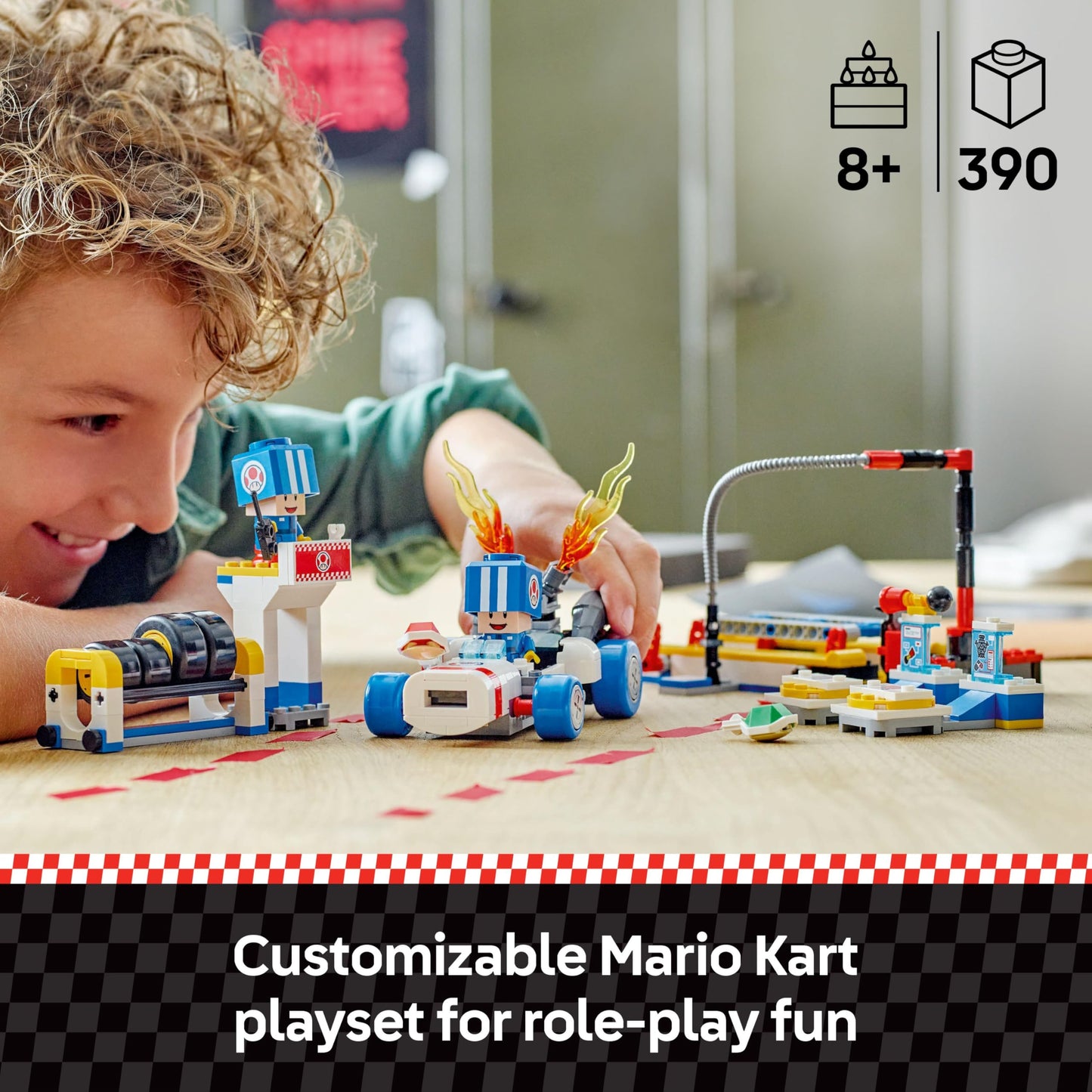 LEGO Super Mario Toad’s Garage set featuring Mario Kart and two blue Toad figures for independent play and gaming fun.