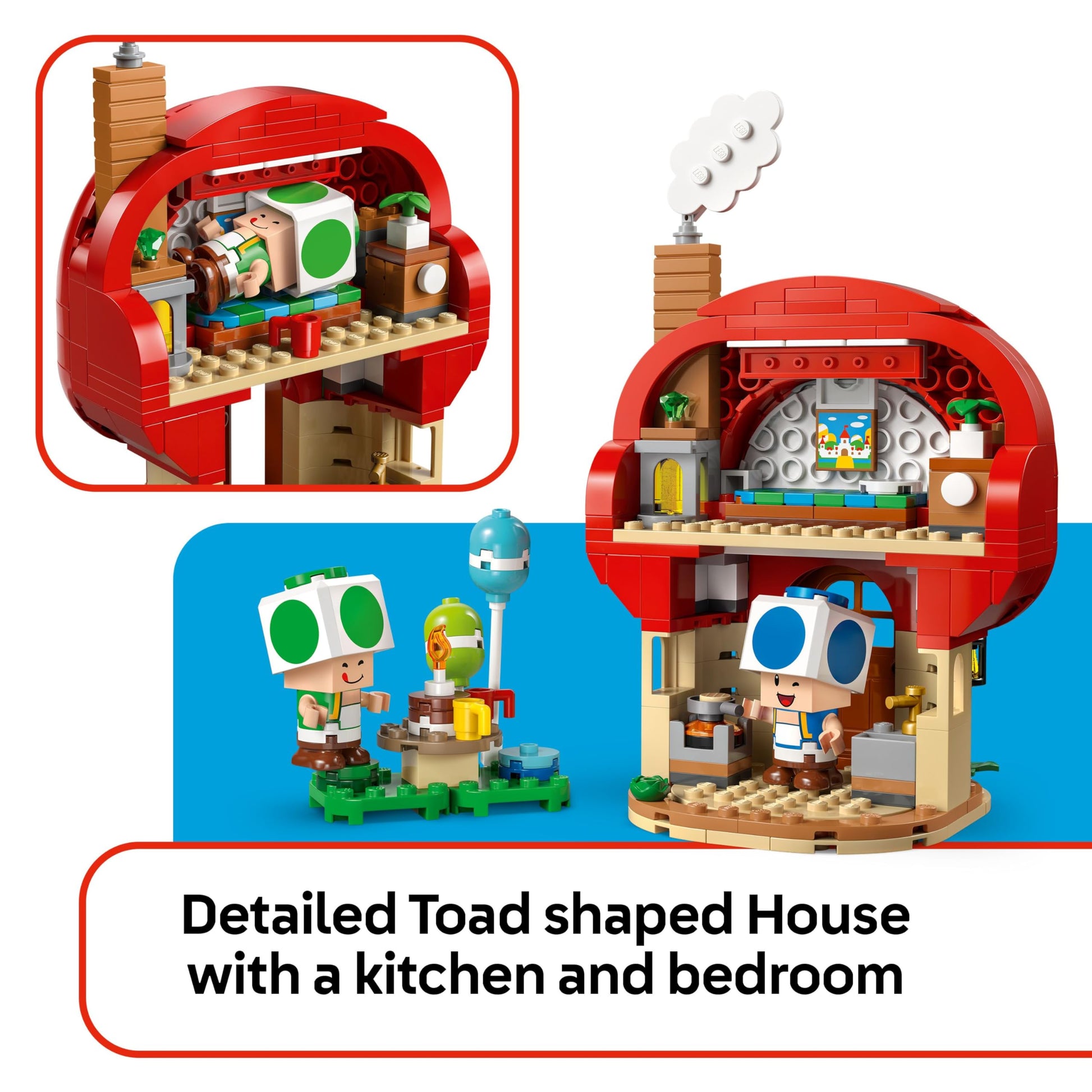 LEGO Super Mario Party at Toad's House toy set with Mario and Toad figures, kitchen, bedroom, and picnic table for kids 7+.