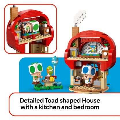 LEGO Super Mario Party at Toad's House toy set with Mario and Toad figures, kitchen, bedroom, and picnic table for kids 7+.