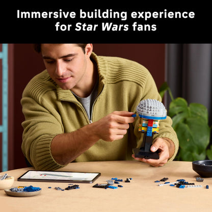 LEGO Star Wars 75408 Jango Fett Helmet model kit with adjustable rangefinder and stand, perfect for Attack of the Clones fans.