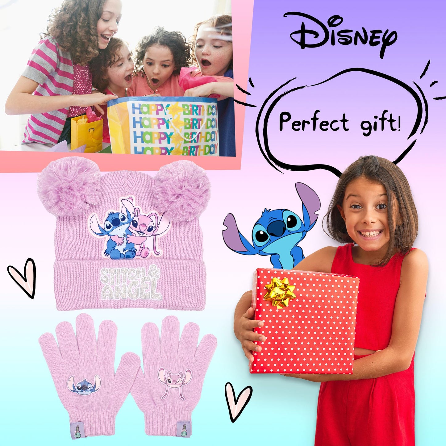 Disney Lilo & Stitch winter hat and gloves set for girls, cozy beanie and gloves perfect for kids ages 6-12.