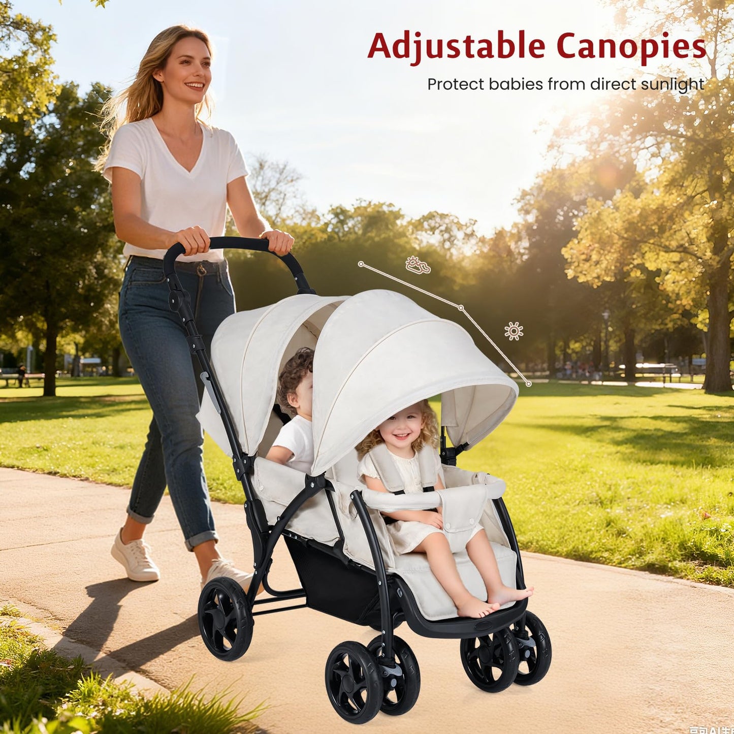 GYMAX Double Seat Stroller with Adjustable Push Handle, Detachable Canopy and Foot Rest, Foldable Baby Pushchair Buggy for Traveling, Going Shopping & Hanging Out (Beige)