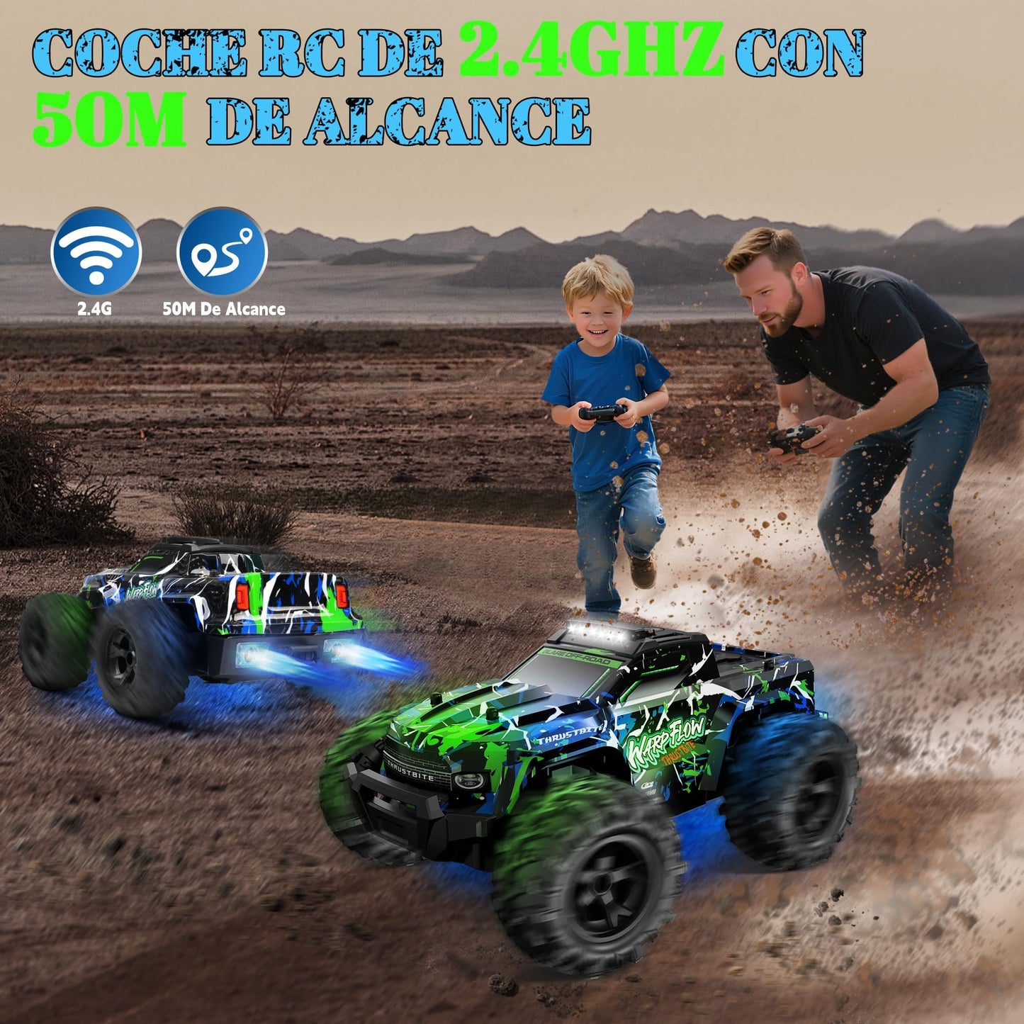 JOYTREKY Remote Control Cars - 1:18 Rc Car HighSpeed 25KMH+ LED Light with Spray 2.4GHz All Terrain Off Road Truck Toys 2 Rechargeable Batteries 60 Min Playtime Fast Racing Toy for Kids Adults - Green