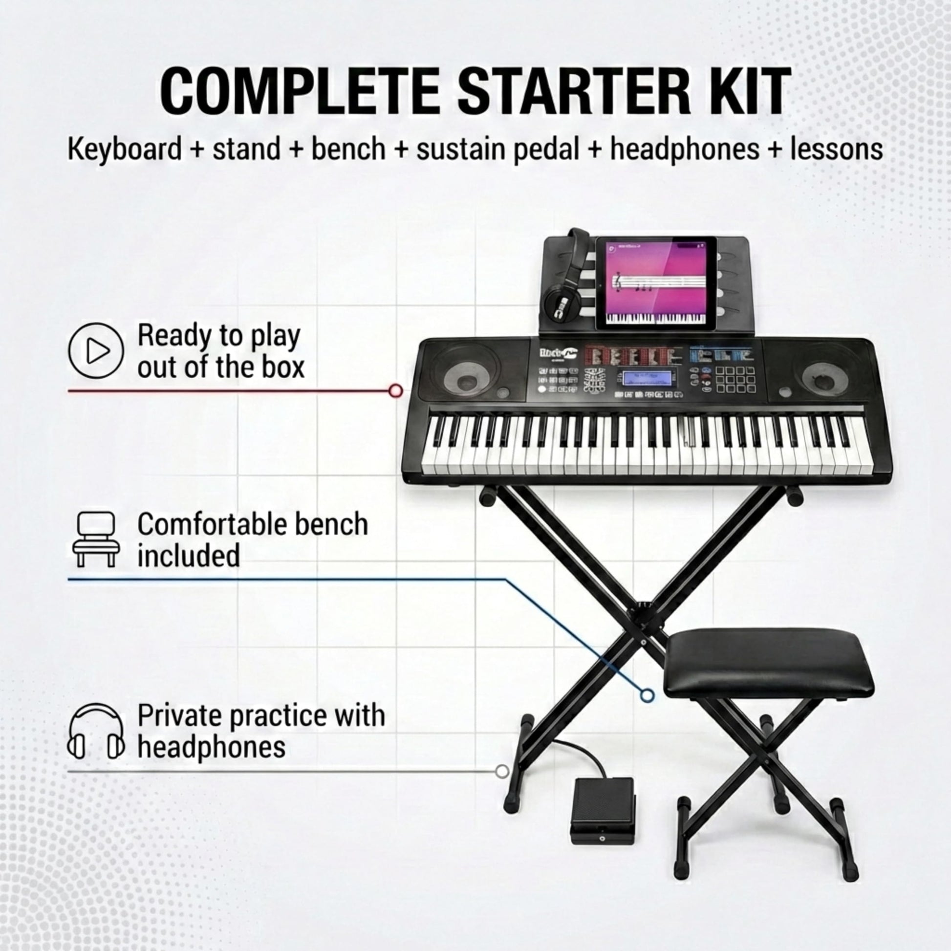 RockJam 61 key electronic keyboard piano kit with bench, stool, sustain pedal, headphones, and included lessons on display.