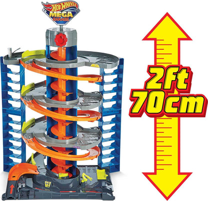 Hot Wheels City Mega Garage Playset with Corkscrew Elevator & Storage for 60+ Cars, Includes 1 Hot Wheels 1:64 Scale Vehicle, Gift for Kids 4 Years Old & Up, HFH03