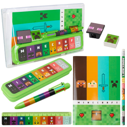 Minecraft Pencil Case and Stationery Set for Kids Filled Pencil Pouch Notebook Sticky Notes Pencils Creeper School Supplies Gamer Gifts for Kids (Green/Multi)