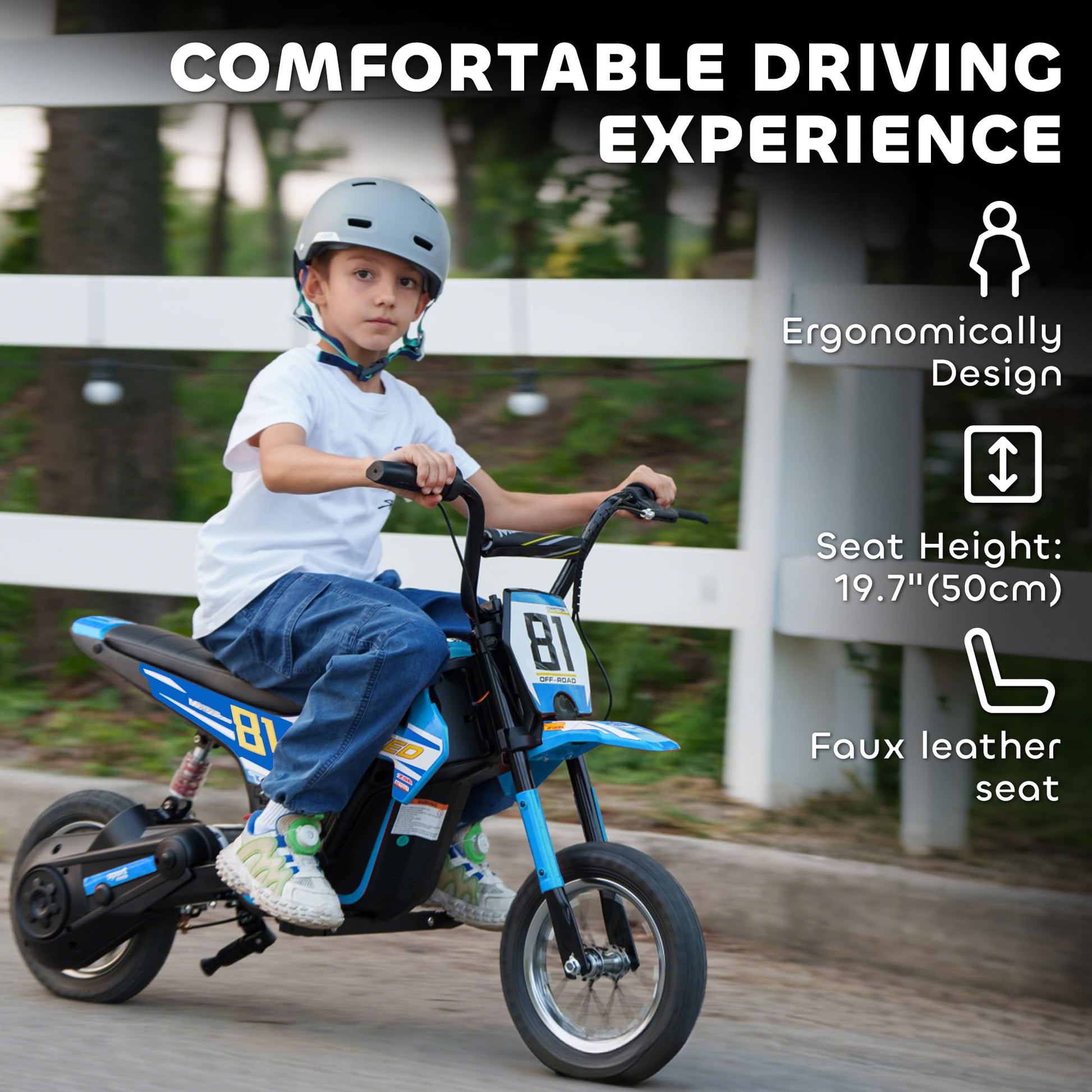 AIYAPLAY kids electric motorbike with 12-inch inflatable tires, rear suspension, 24V battery, 250W motor, blue ride-on dirt bike for children
