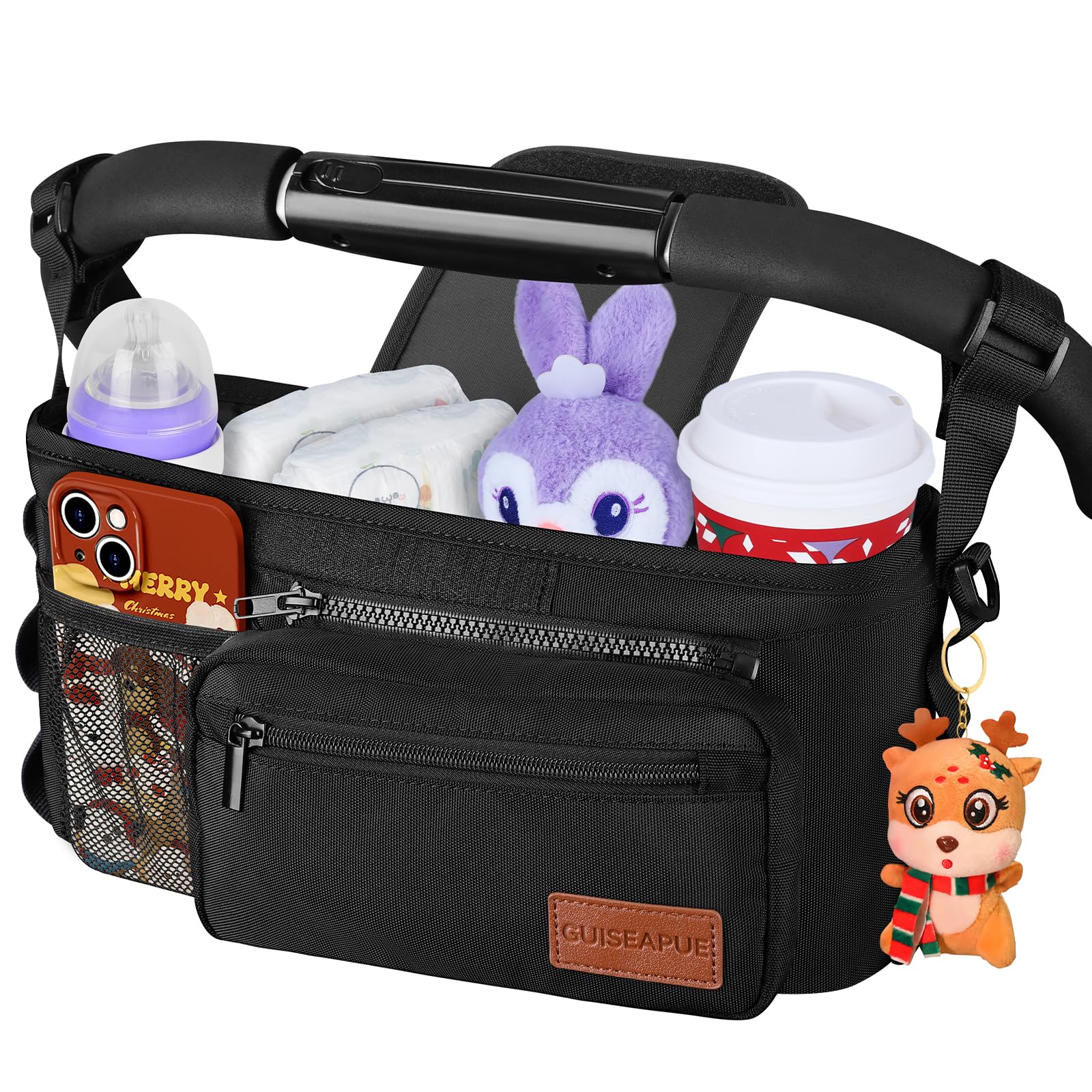 Guiseapue pram organizer bag with cup holder, large capacity, non-slip strap, baby diaper storage, suitable for newborns and new moms.