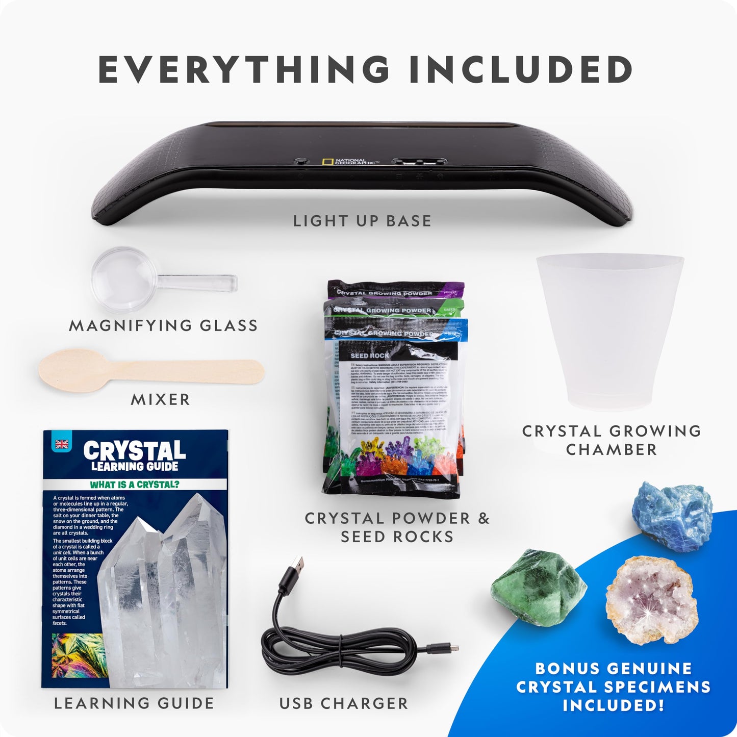 Blue Marble National Geographic Crystal Growing Kit with vibrant crystals, light-up stand, geode, green fluorite, and guidebook.