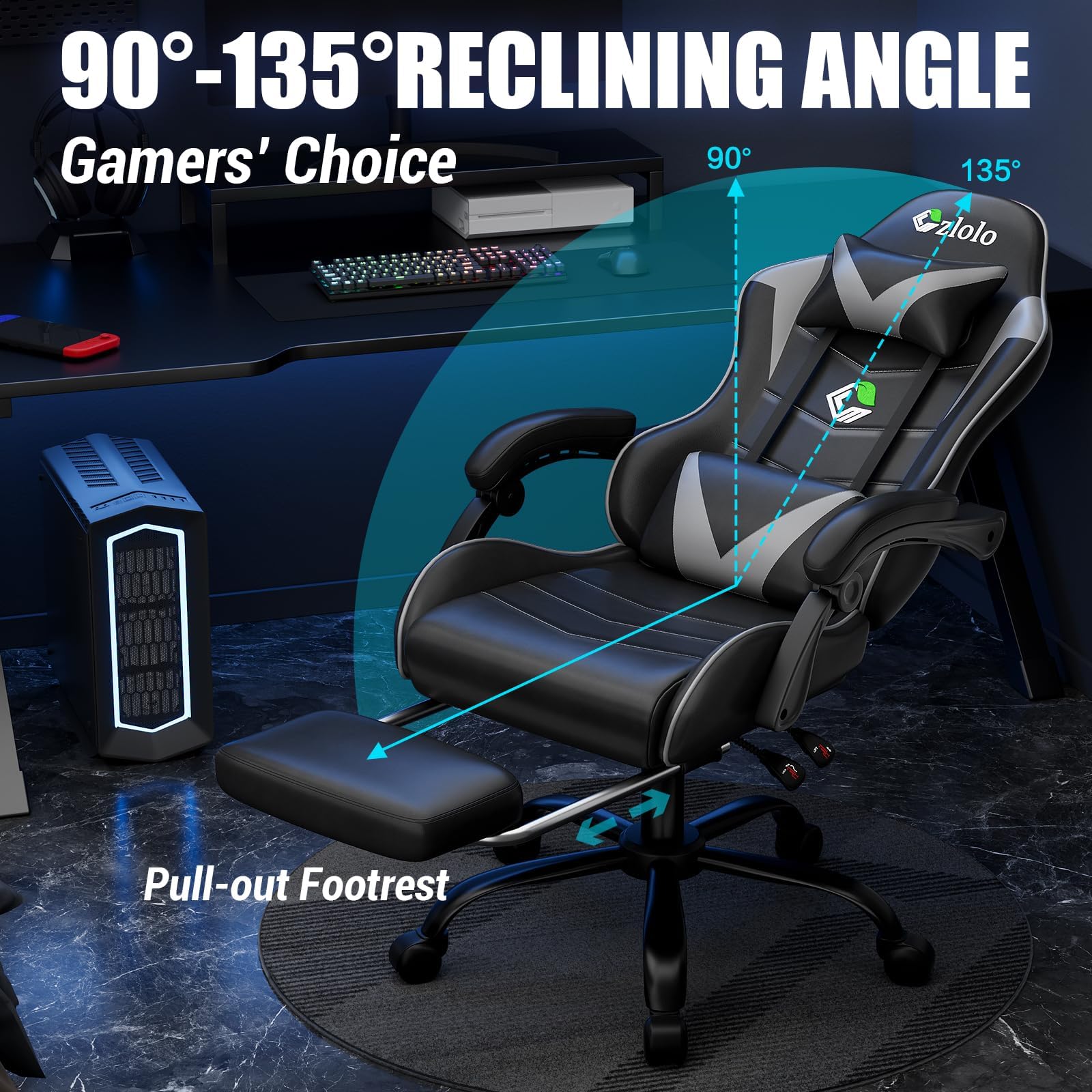 Grey Czlolo gaming chair with adjustable headrest, lumbar support, footrest, linkage armrests, and recline feature for gamers.