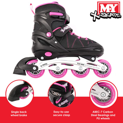 M.Y X-Skate Adjustable Pink Inline Roller Skates with Built In Adjusters Kids Roller Boots for Boys & Girls - Medium