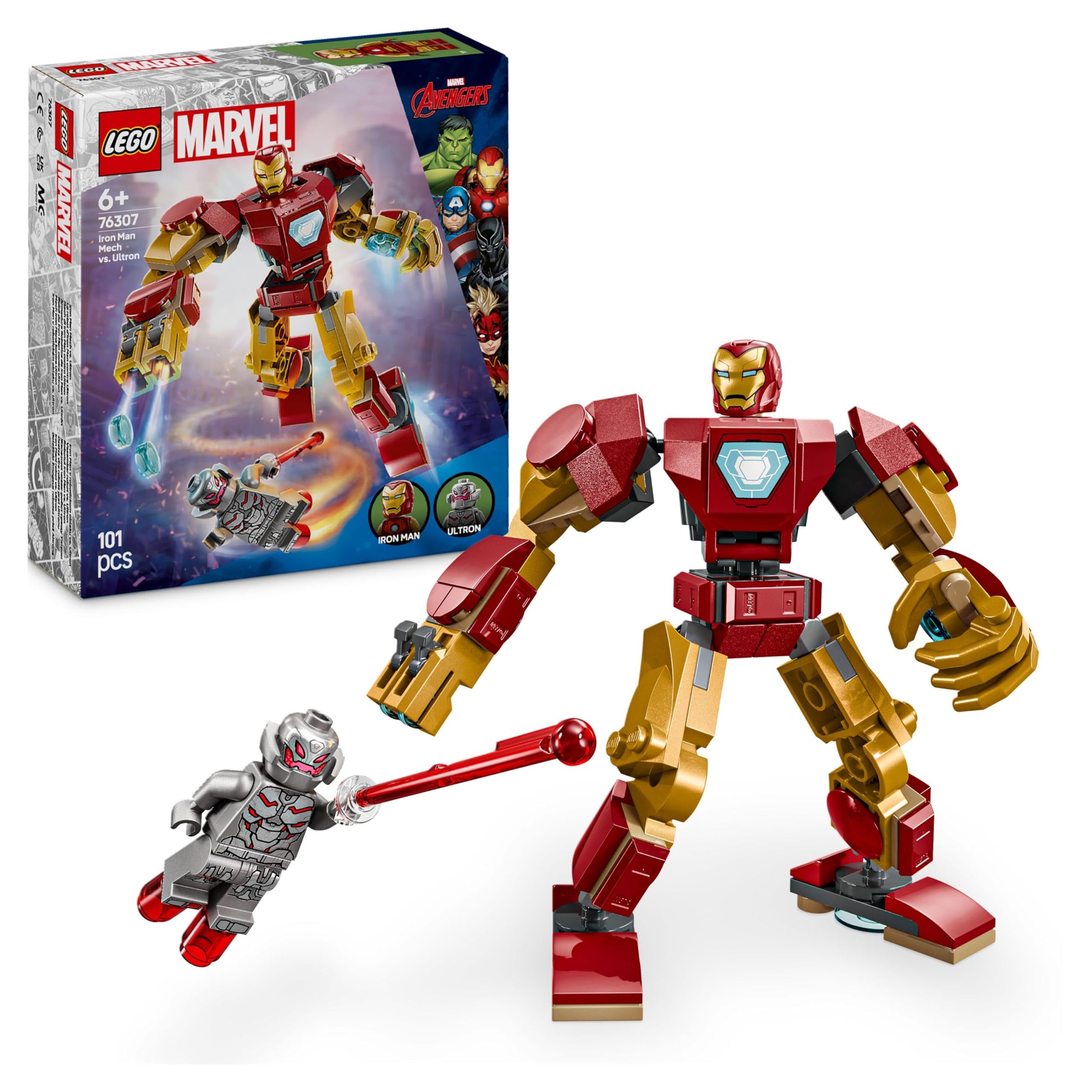 LEGO Marvel Iron Man Mech and Ultron with two minifigures in a dynamic buildable superhero scene for kids.