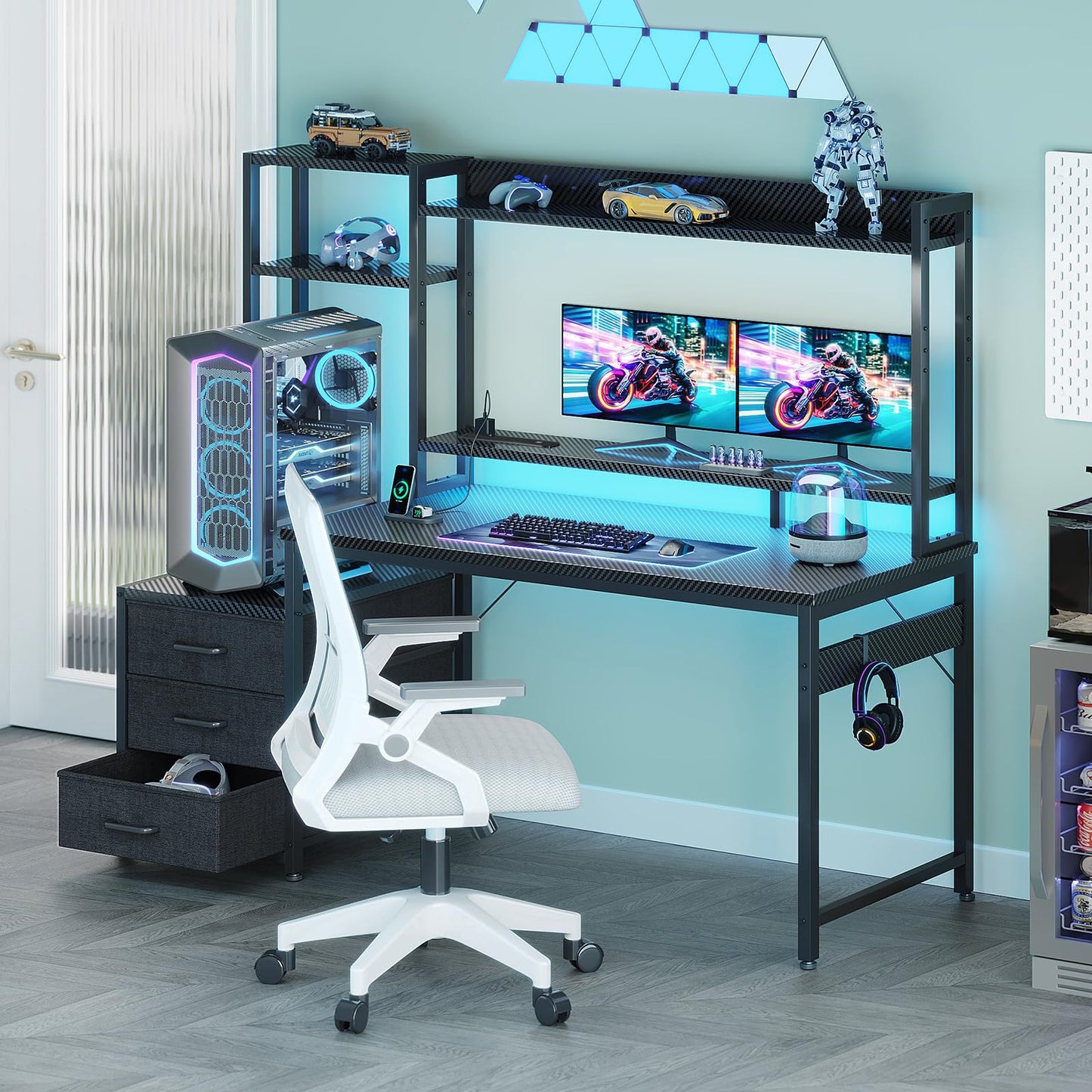 Coleshome gaming desk in black with drawers, display shelves, LED lights, monitor stand, sockets, and carbon fiber finish.