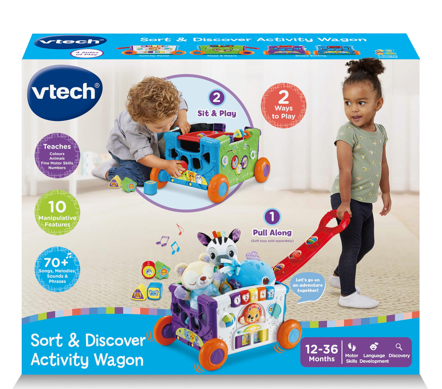 VTech Baby Sort & Discover Activity Wagon, Pull Along Light-up Activity Panel with Manipulatives, Animals, Numbers & Colours, Interactive Toy, Gift for Toddler 12, 18, 24 months +, English version