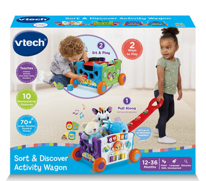 VTech Baby Sort & Discover Activity Wagon, Pull Along Light-up Activity Panel with Manipulatives, Animals, Numbers & Colours, Interactive Toy, Gift for Toddler 12, 18, 24 months +, English version
