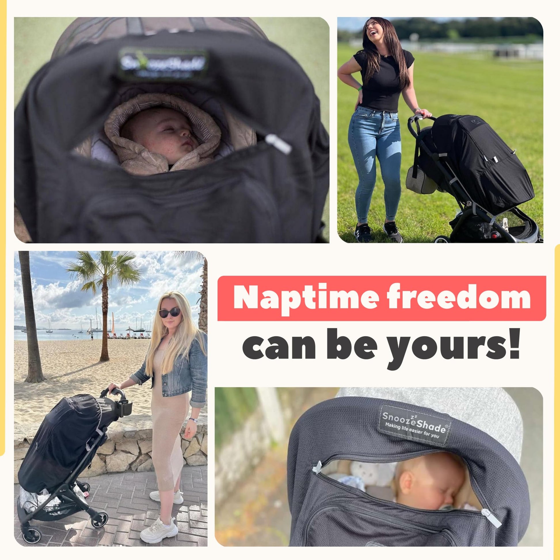 Black SnoozeShade Plus extra pram sun shade cover blocking 99% UV, breathable blackout canopy for baby strollers and buggies.