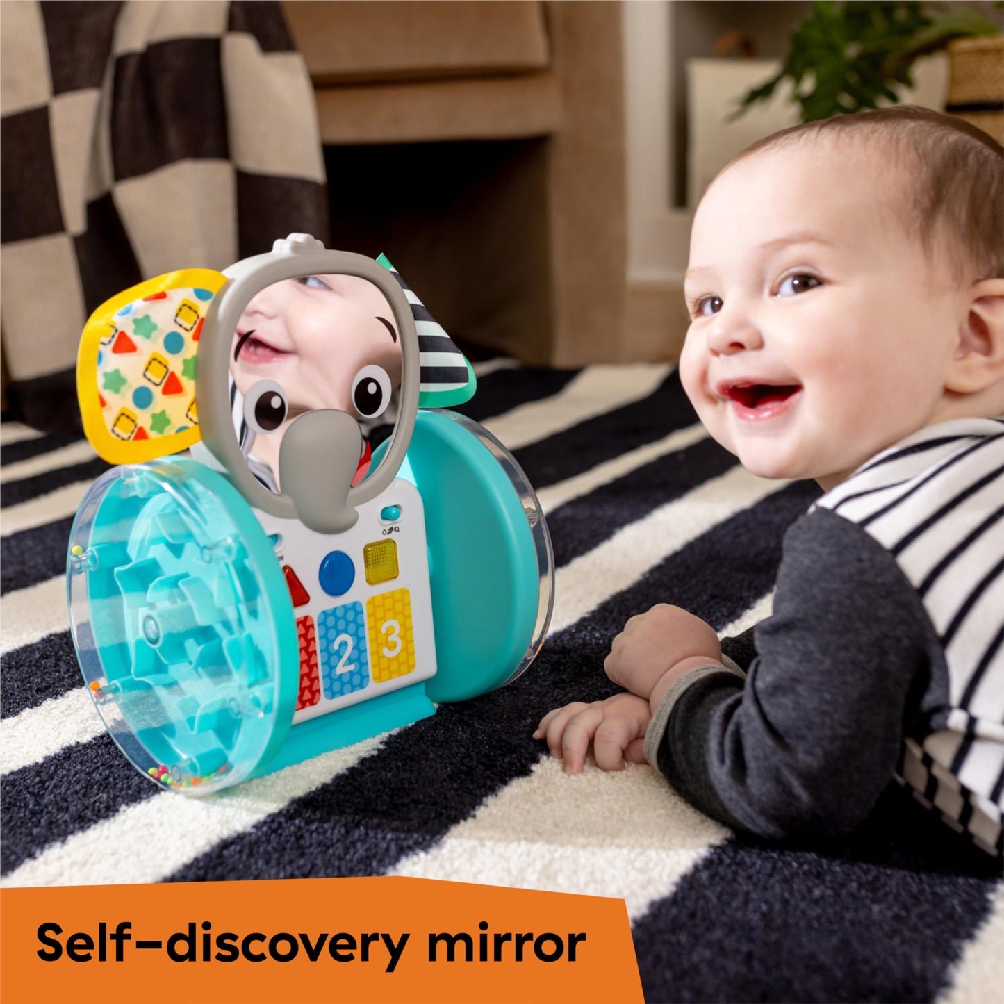 Baby Einstein Chase & Tap Earl crawling baby toy with mirror and music, designed for infants 6 months and older.
