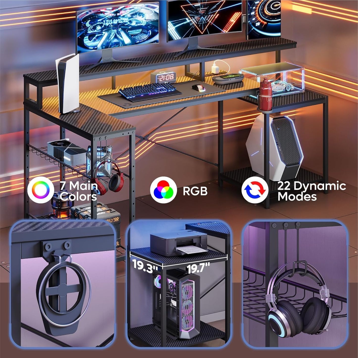 Bestier 181cm L-shaped gaming desk with RGB LED lights, monitor stand, storage shelf, cup holder, headset hook, and USB ports.
