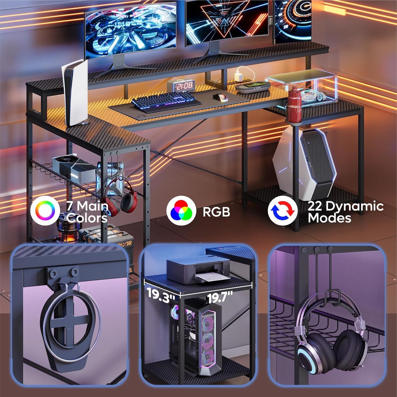 Bestier 181cm L-shaped gaming desk with RGB LED lights, monitor stand, storage shelf, cup holder, headset hook, and USB ports.