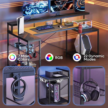 Bestier 181cm L-shaped gaming desk with RGB LED lights, monitor stand, storage shelf, cup holder, headset hook, and USB ports.